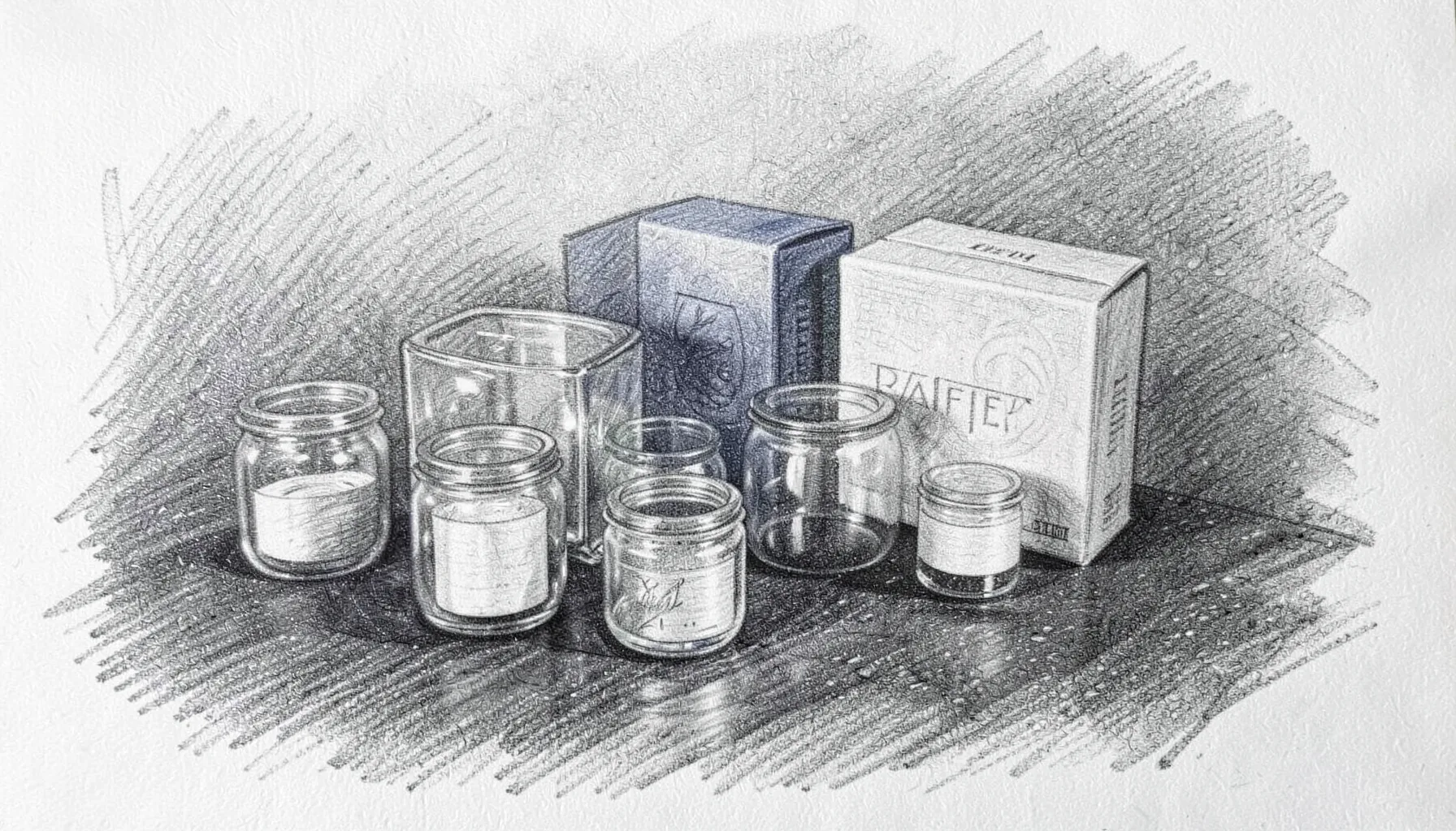 Graphite pencil sketch of a curated display of small glass jars and packaging arranged on a dark surface, with soft cross-hatched shadows and highlights suggesting a premium boutique atmosphere.