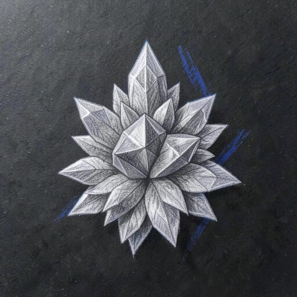 Graphite pencil sketch of crystalline cannabis concentrate formations with faceted, diamond-like surfaces, rendered in cool silvery grays against a deep charcoal background.