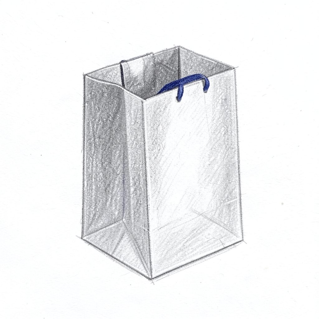 Simple graphite pencil sketch of an empty shopping bag with a folded top, soft grey shading on white
