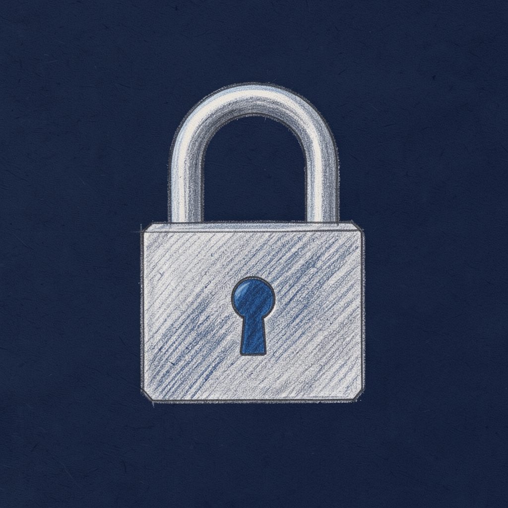 Graphite pencil sketch of a simple padlock icon on a dark navy background, quiet and secure mood