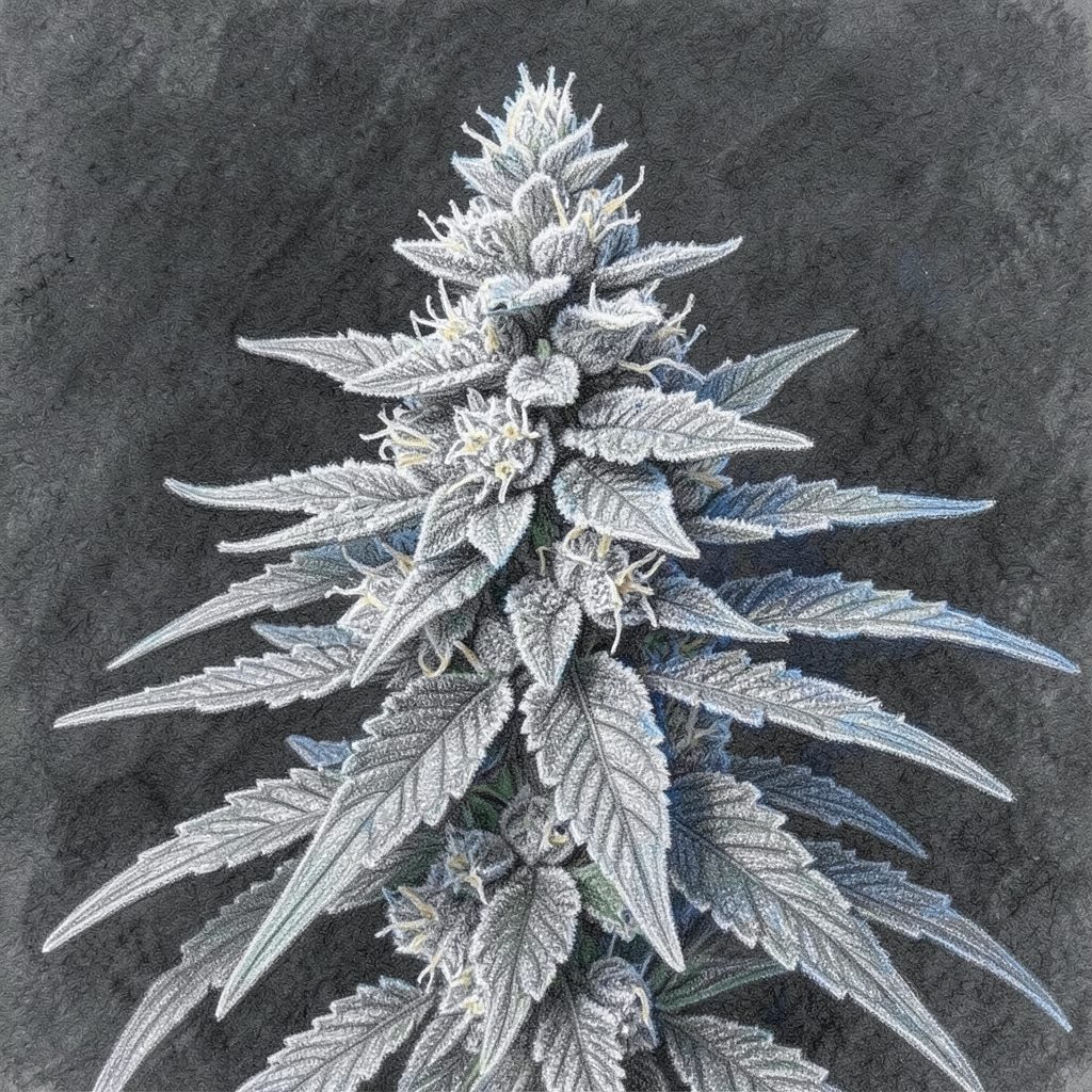 Graphite pencil sketch of dense, frost-covered cannabis flower buds with crystalline trichomes shimmering against a dark charcoal background, conveying luxury and cold purity.